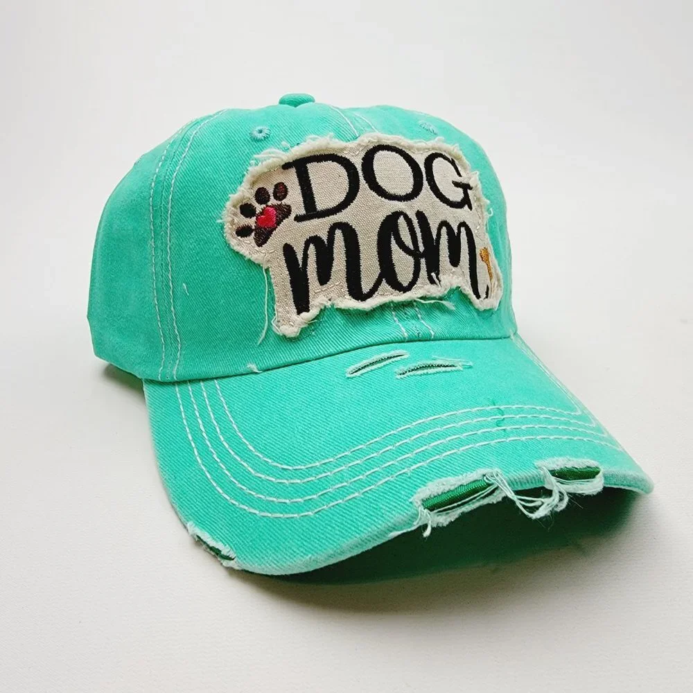 Dog Mom Distressed Relaxed Cotton Buckle Strap Full Cover Baseball Hat Cap Green